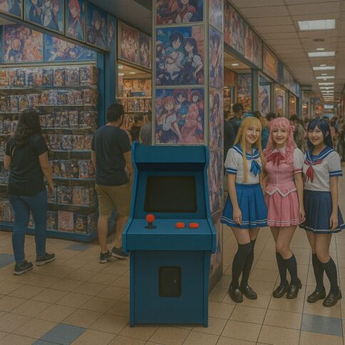 Lima Geek Experience: Cosplayers posing in front of a retro arcade machine inside a colorful anime-themed shopping center in Lima, Peru.