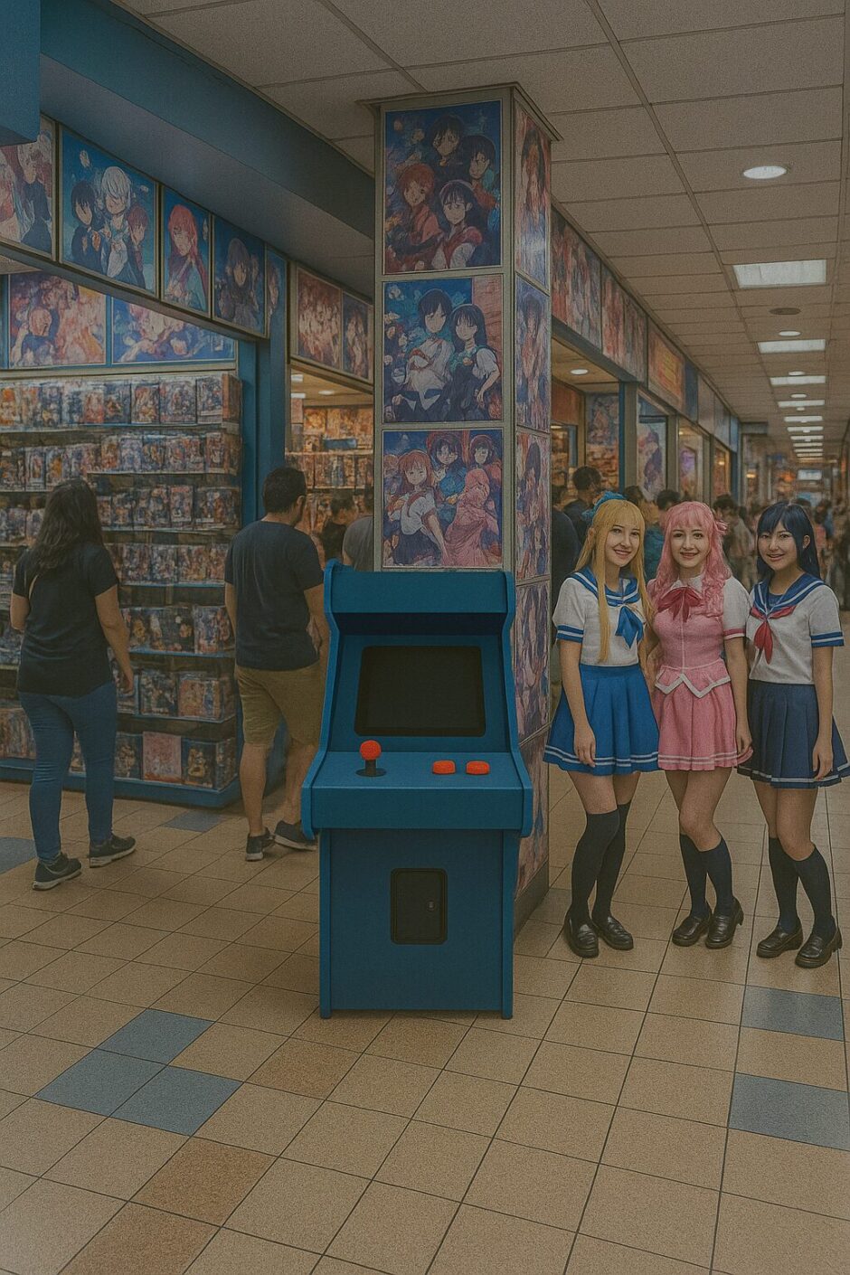 Lima Geek Experience: Cosplayers posing in front of a retro arcade machine inside a colorful anime-themed shopping center in Lima, Peru.